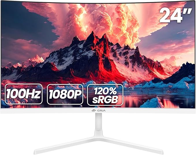 CRUA 24 Inch Curved Monitor, FHD(1920×1080P) 100HZ 120% sRGB Computer Monitors, Narrow Bezels on Three Sides, Blue Light Filter PC Monitor for Home, Office and Dormitory(HDMI, VGA)-White