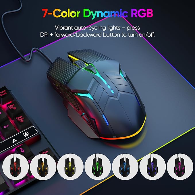 Wired Gaming Mouse - Lightweight USB Optical Computer Mice with 7-Color RGB LED Lights, 4 Adjustable DPI (1200-3200), 6 Buttons, Ergonomic Design for Windows (S800-Black)