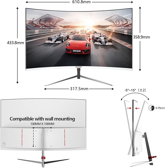 27 Inch PC Computer Screen,1800R Curved Gaming 180Hz Monitors, FHD1080p 1ms Without Bezel, freesync, 98% sRGB,178 ° Angle View HDMI DisplayPort, Compatible with Wall-Mounted100*100MM-White