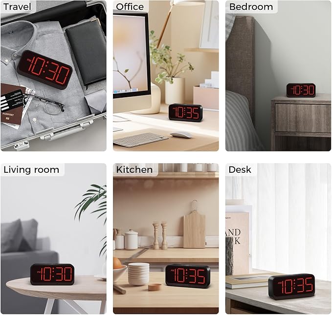 Battery Operated Digital Clock: Cordless Small Alarm Clock for Bedroom Travel - Large Numbers 4 Dimmers for All Ages Red Digits