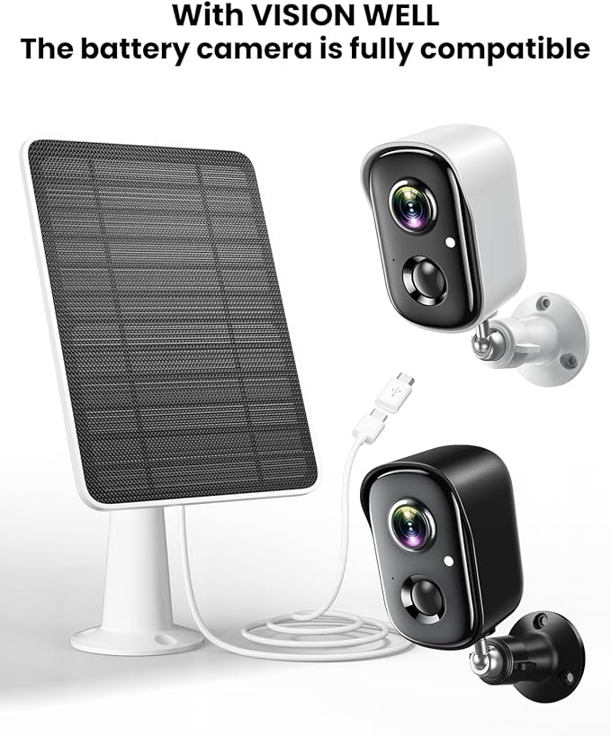 Solar Panel Charger Compatible with Vision Well Battery Powered Wireless Outdoor Security Cameras, 5W Solar Panels Charging with IP65 Waterproof 10ft USB-C Cable & Secure Wall Mount, 2 Pack
