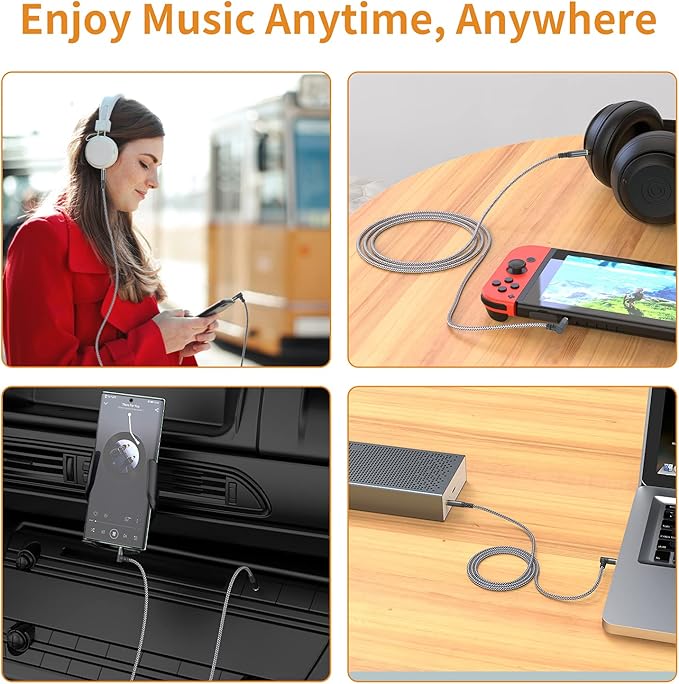 2 Pack Aux Cable, 6.6ft/2M TRS Auxiliary Cables 90 Degree Right 3.5mm Nylon Braided 1/8 AUX Cord for Car Compatible with Stereos, Speaker, iPod iPad Smartphone, Headphones Sony,Echo Dot,Beats- Grey