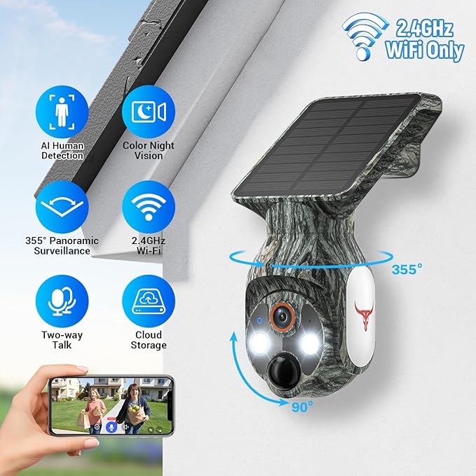 Solar-Powered 1080p WiFi Battery Camera, Security Cameras Wireless Outdoor for Home Surveillance, AI Human Detection, Color Night Vision, Cloud Storage (WiFi (Camo))