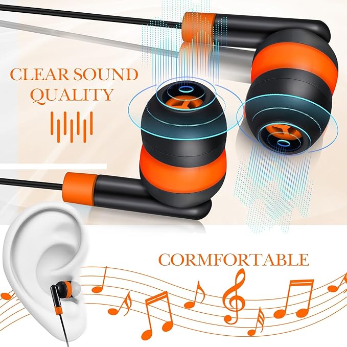 Kanayu 100 Pack Wired Earbuds Bulk for Classroom Ear Headphones Wired Basic Student Earbuds No Microphone with 3.5mm Jack for Kids Class Laptop School Library, Individually Bagged(Orange)