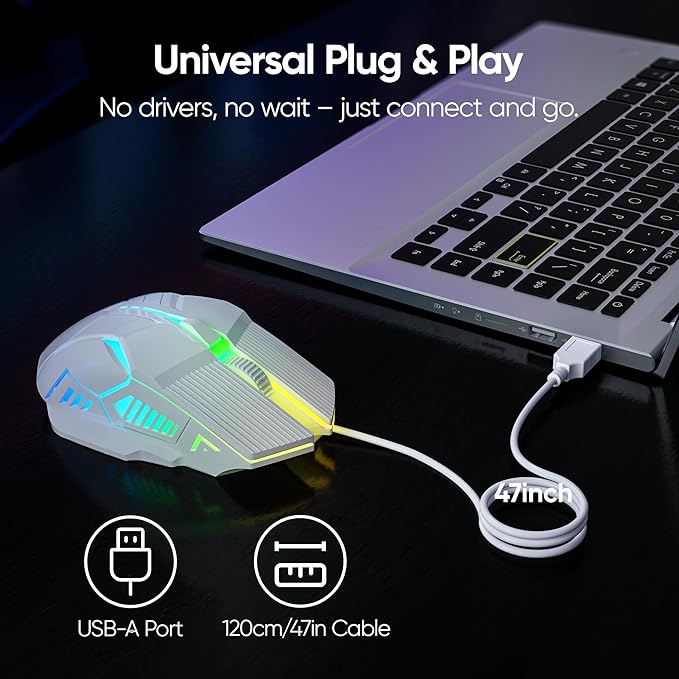 Wired Gaming Mouse - Lightweight USB Optical Computer Mice with 7-Color RGB LED Lights, 4 Adjustable DPI (1200-3200), 6 Buttons, Ergonomic Design for Windows 7/8/10/XP/Vista & Linux (White)