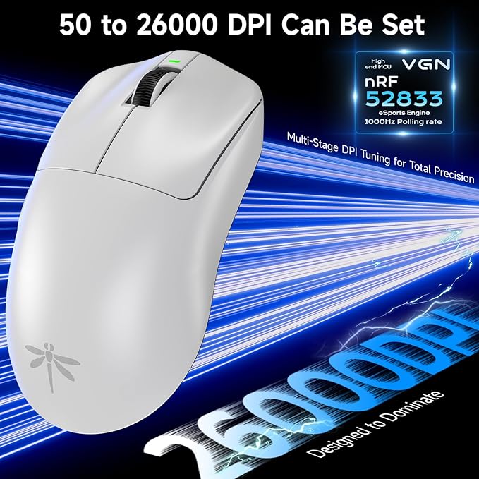 VGN F1 Pro Max Wireless Gaming Mouse - 55g Ultralight - 26000 Adjustable DPI - 1000Hz Polling Rate - 200h Battery - Wireless & Wired Mode - 6 Programmable Buttons - Professional Grade - USB-C - White