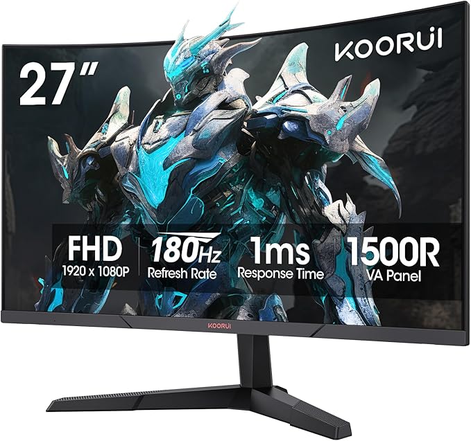 KOORUI Curved 27 Inch Gaming Monitor, Full HD 1080p R1500 180Hz VA Computer Monitor, 99% sRGB, Built-in Adaptive Sync, 1 x Display Port 1.2 & 2 x HDMI 2.0, Eye Care, VESA Compatible, Black 27E6CA