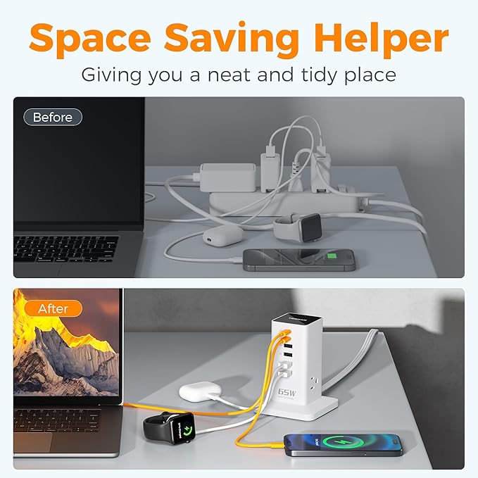 USB Charging Station for Multiple Devices PD 65W, TESSAN 9-in-1 USB C Charger Block for iPhone 16/15, MacBook, Tablet, Type C Desktop Charger with 3 AC, Home Travel Office Accessories, White