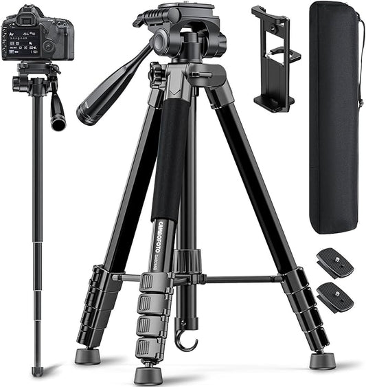 73" Camera Tripod and Monopod, Professional Aluminum Tripod Stand for Mirrorless Camera/DSLR/Cell Phone/Camcorder/GoPro, with Phone Holder and Travel Bag (Black)