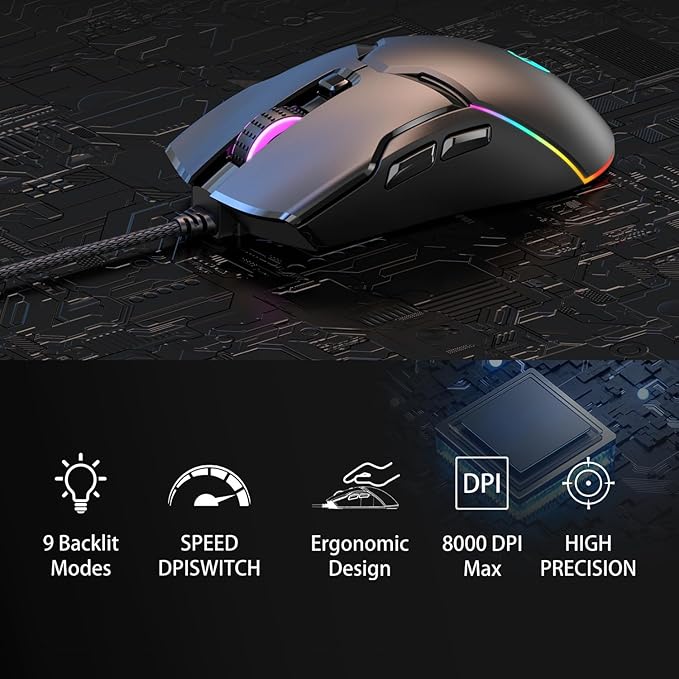 Wired Gaming Mouse,All Keys are editable, 12 Backlit Modes,8000 DPI Wired Optical Mouse,Software Supports diy Keybinds Button For Gamer Bigger and office