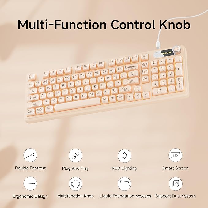 V102 Wired Keyboard, 98 Keys Creamy Gaming Keyboard with Number Pad, Display Screen & Media Knob RGB Silent Wired Cute Computer Keyboard for Laptop PC Gamer - Cream Pink