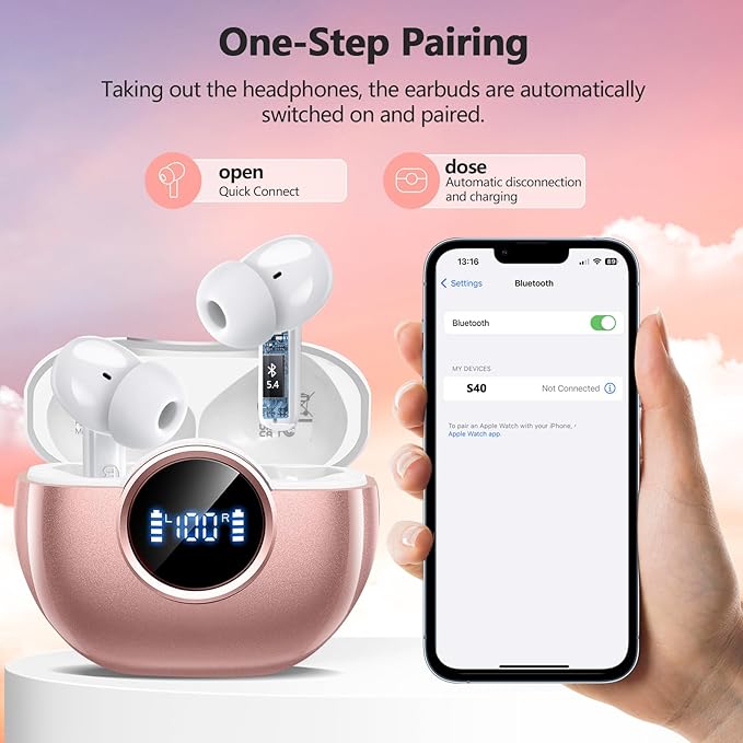 Wireless Earbuds 2025 NEW Bluetooth 5.4 Headphones Bass 3D Stereo,In-Ear Pink Earphones with 4 ENC Noise Cancelling Mic,48H Playtime with LED Display, IPX7 Waterproof for Laptop Android iOS, Rose Gold