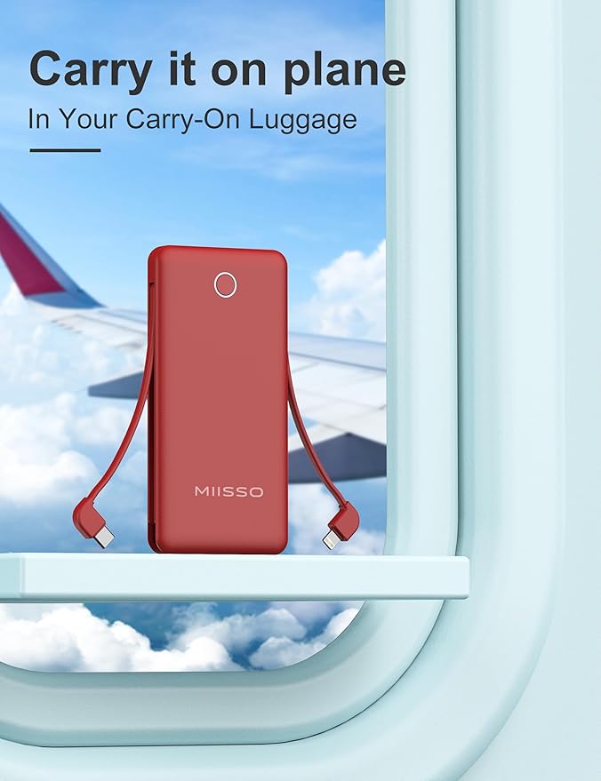miisso 10000mah Slim Portable Charger with Built in Cable, Power Bank Travel Phone Charger External Battery Pack for Phones, 4 Output USB C Cords Clutch Charger Compatible with iPhone, Samsung, Red