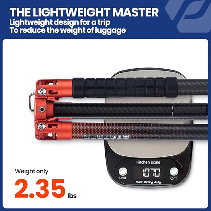 Fotopro Carbon Fiber Tripod 2.3lbs Ultralight 62 Inch Portable Travel Video Tripod for Camera DSLR Load up to 22lbs X-Aircross 3 Video Orange