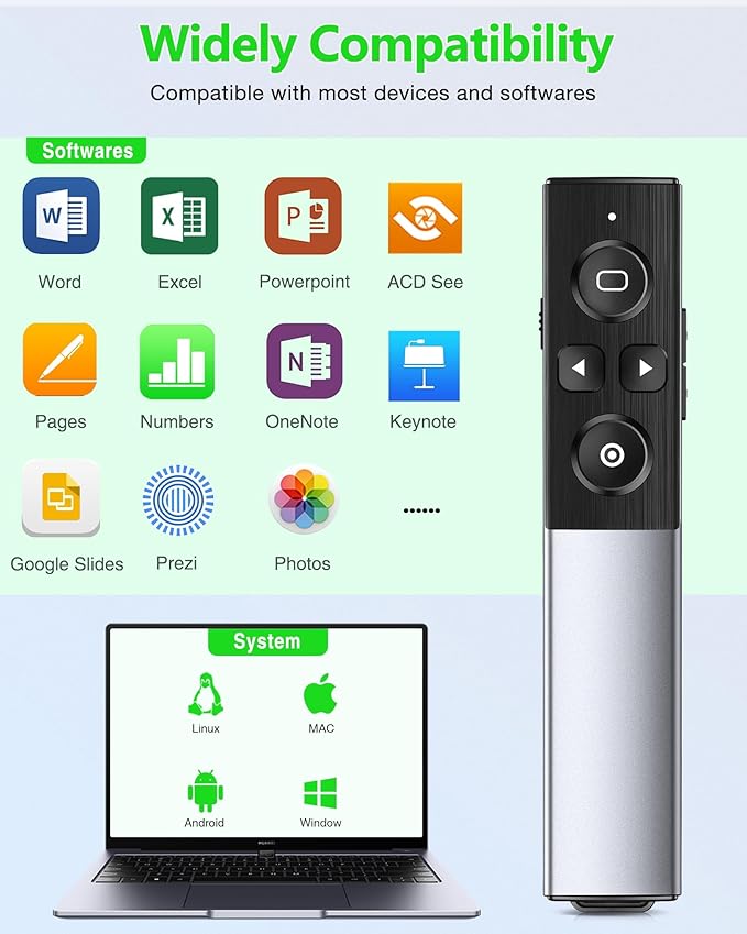 Wireless Presentation Clicker- Clicker for Powerpoint Presentations- Rechargeable Presentation Remote, Slide Advancer for Keynote/PPT/Mac/PC/Laptop