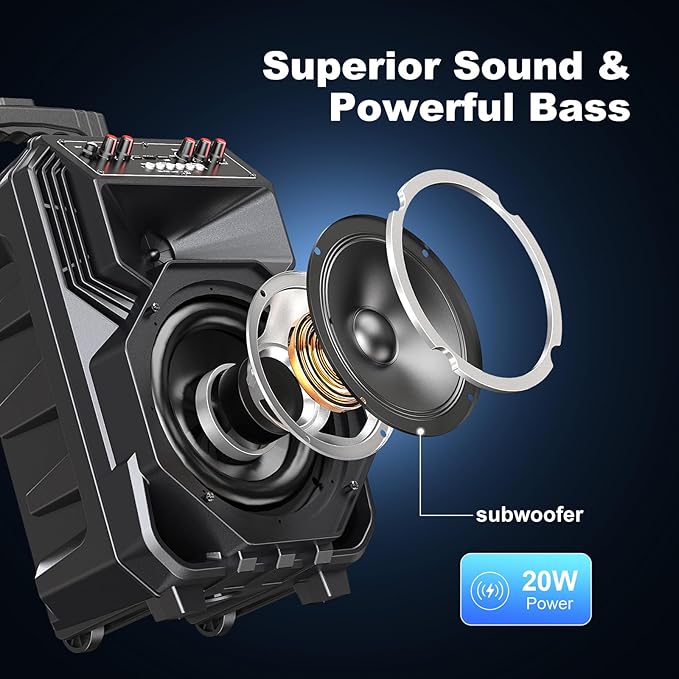 Karaoke Machine with 2 Wireless Microphones, Rolling Wheels, and Trolley – 8800mAh Portable Bluetooth Speaker, PA System with Lights, Adjustable Bass/Treble/Echo for Parties, Indoor and Outdoor Use