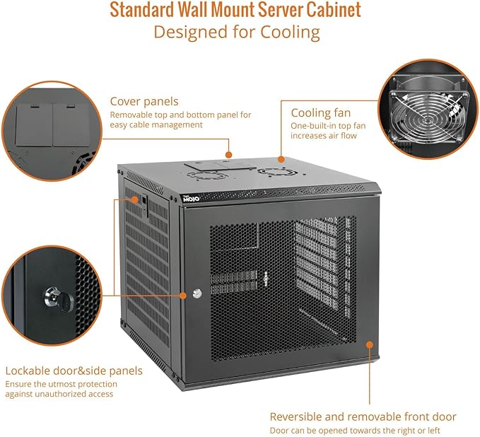 Tecmojo 9U Wall Mount Rack Network Cabinet for 19" IT Equipment,with Lockable Mesh Door and Side Panels,Cooling Fan,17.7inch Depth,Black