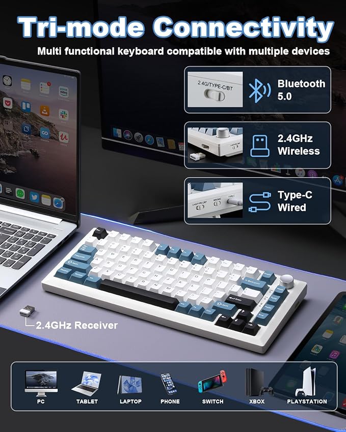 Y75 Wireless Mechanical Keyboard,75% Hot Swappable Custom Keyboard with Knob,RGB Backlit, PBT Keycaps,2.4GHz/USB-C/BT5.0 Mechanical Gaming Keyboards(White&Blue,Milk Switch)