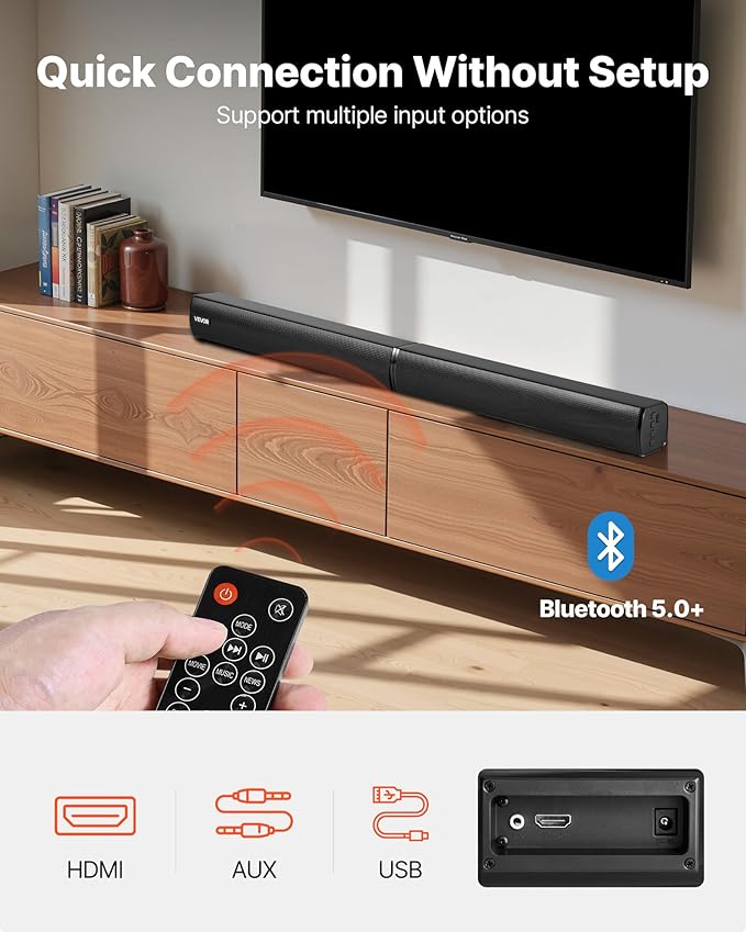 VEVOR Sound Bar for Smart TV, 2.0 Channel, 32-Inch 2 in 1 Detachable Soundbar TV Speakers, with Bluetooth HDMI AUX USB Connection, Remote Control, 80W Surround Sound System, for Home Theater Audio