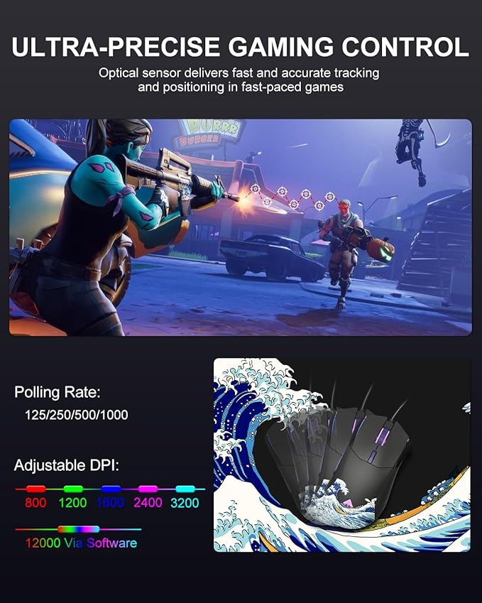 Womier G705 USB Wired Gaming Mouse for PC Computer Windows Mac Laptop, Lightweight Silent RGB Backlit Mouse with Adjustable 12000DPI/7 Programmable Side Buttons,Black Kanagawa Theme