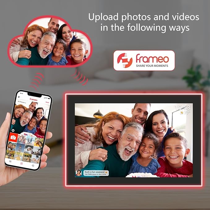 32GB FRAMEO 10.1 Inch WiFi Digital Photo Frame with Neon Light, 1280x800 HD IPS LCD Touch Screen, Auto-Rotate, 32GB Storage, Support USB Drive/SD Card Extend Storage, Share Moments via Frameo App
