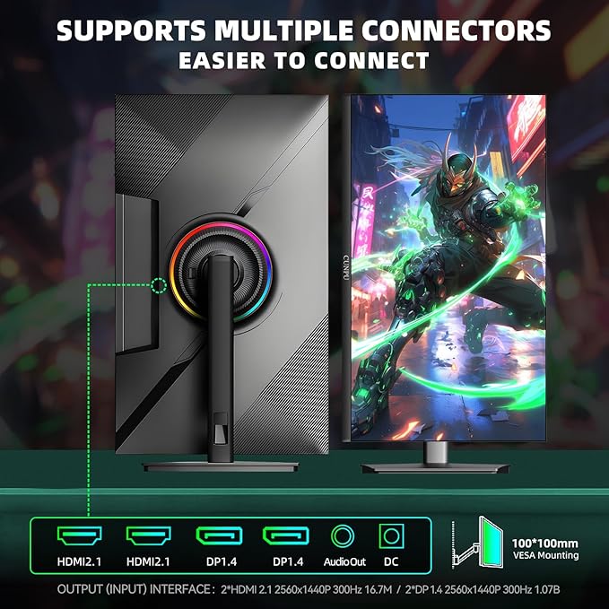 27-inch Gaming Monitor 300Hz QHD(2560× 1440p), 1MS,Fast IPS,142% sRGB, MAX400Nit, VESA,FreeSync, Built-in Dual Speakers, HDMI 2.1& DP 1.4,Height/Pivot/Tilt/Swivel Vertical Monitor, for PS5/Xbox