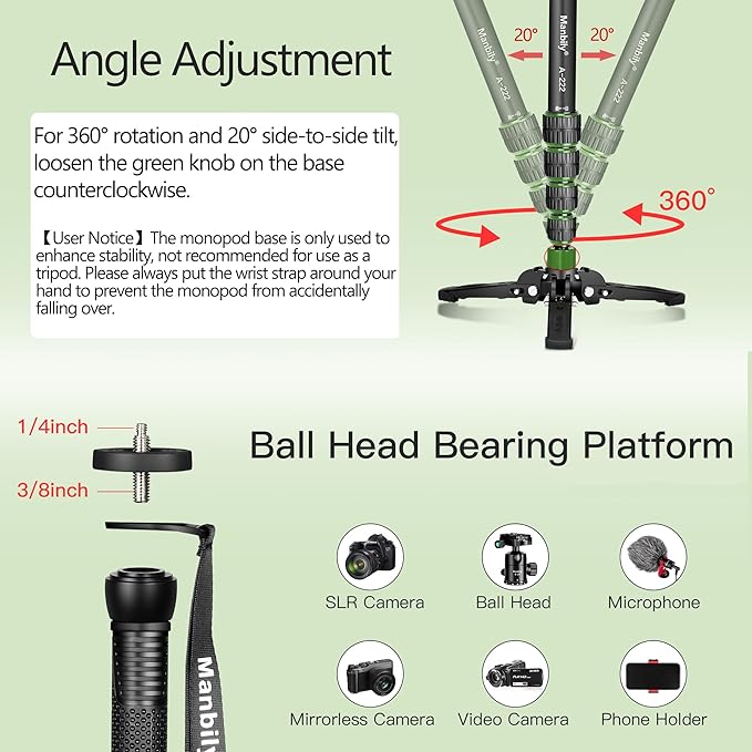 Manbily Camera Monopod with Feet, Aluminum Portable Travel Monopod with Removable Tripod Stand Base for DSLR Canon Nikon Sony Video Camcorder (Green)