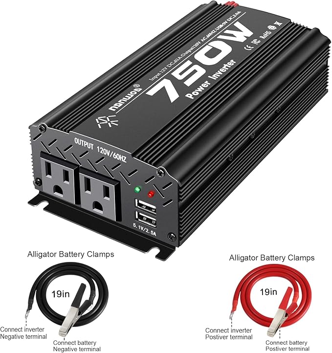 750W Black Car Power Inverter, 12V to 110V/120V, 2 AC Outlets, 2 USB Ports, Battery Clamps, Ideal for Vehicles, Trucks, Camping