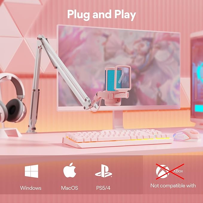 MAONO Gaming USB Microphone with Noise Cancellation, Streaming mic for PC Computer MAC PS4 PS5, All-in-One Kit with Mute, Monitor for Recording, Podcast, Twitch, YouTube, Discord, DGM20S Pink