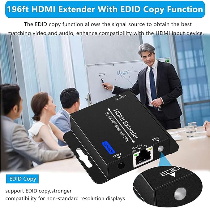 200Ft HDMI Extender Over CAT6 CAT7 RJ45 ethernet to HDMI Converter LAN Extension POC Support 1080P 3D EDID Copy Deep Color Compatible with PC PS4 Roku Unilateral Power Supply