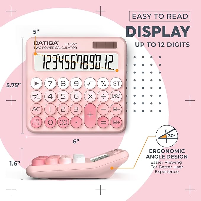CATIGA Mechanical Switch Calculator with Solar and Battery Dual Power, 12-Digit Large LCD Display, Aesthetic and Cute Desktop Calculator with Big Button, for Home, School and Office Use, SD-1299