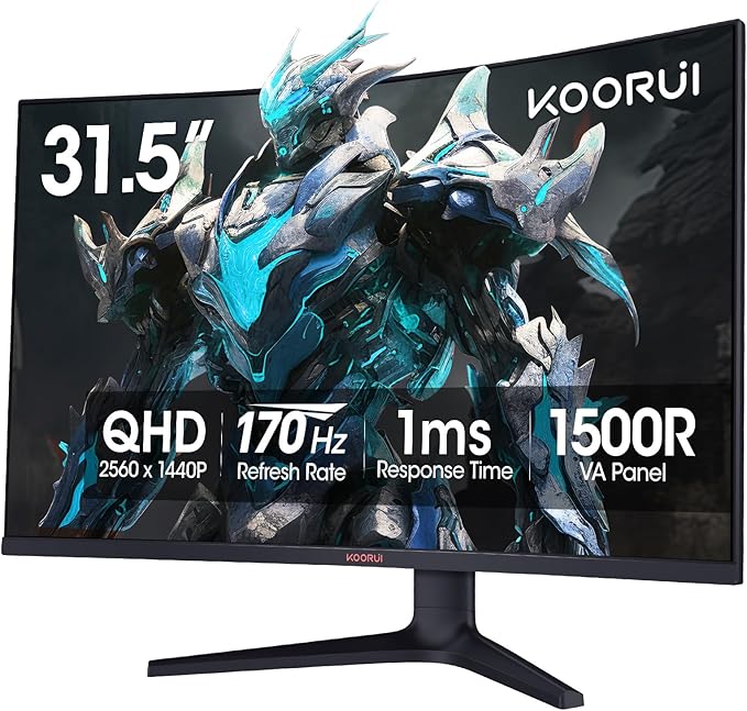 KOORUI 32 inch Curved Gaming Monitor - QHD (2560 x 1440) 2K Display, 170Hz 144Hz Monitor, 1500R Curvature, 1ms, HDR10, Adaptive Sync, Tilt Adjustable, DisplayPort HDMI, Black - 32E6QC