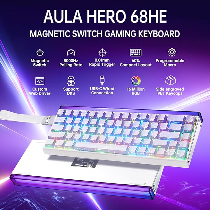 x AULA HERO 68 HE 60% Gaming Keyboard Wired, Hall Effect Mechanical Keyboard Mini with Adjustable Actuation, Rapid Trigger Mode, 8K Hz Polling Rate,0.125ms Latency,Side Printed PBT Keycaps,RGB Backlit