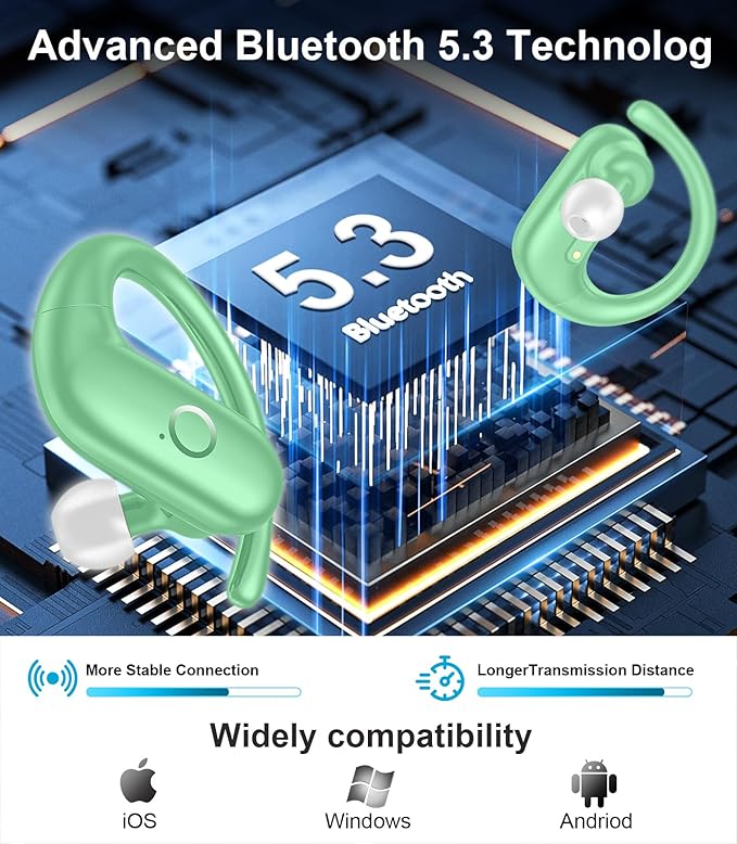 MOZOTER Wireless Earbuds Bluetooth Headphones Sport,Over Ear Buds with Deep Bass Sound,60Hrs Playtime Earphones Redesigned Comfort Fit with Earhooks for Running,Meeting,Workout- Green