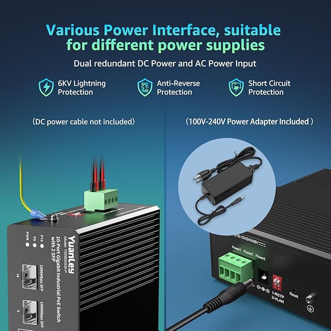YuanLey 10 Port Industrial Switch with 8 Port PoE Gigabit & 2X SFP Port, Unmanaged PoE Switch with 120W Power Adapter, IEEE802.3af/at, VLAN & RSTP, Din-Rail PoE Switch for IP Camera, VoIP Phones,AP