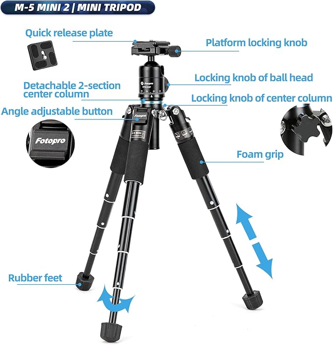 Fotopro Mini Tripod Portable Desktop Aluminum Small Camera Tripod with 360 Ball Head 20 Inch Compact Tabletop Tripod for DSLR Camera Video Camcorder Travel with Carrying Bag Load up to 11lbs/5kg