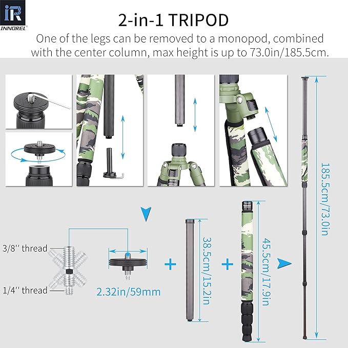 Carbon Fiber Tripod-RT85CG Super Professional Tripod Monopod Heavy Duty Compact Stand Support with Green Gamouflage Tripod Leg Covers for Digital DSLR Camera, max Load 25kg/55lb
