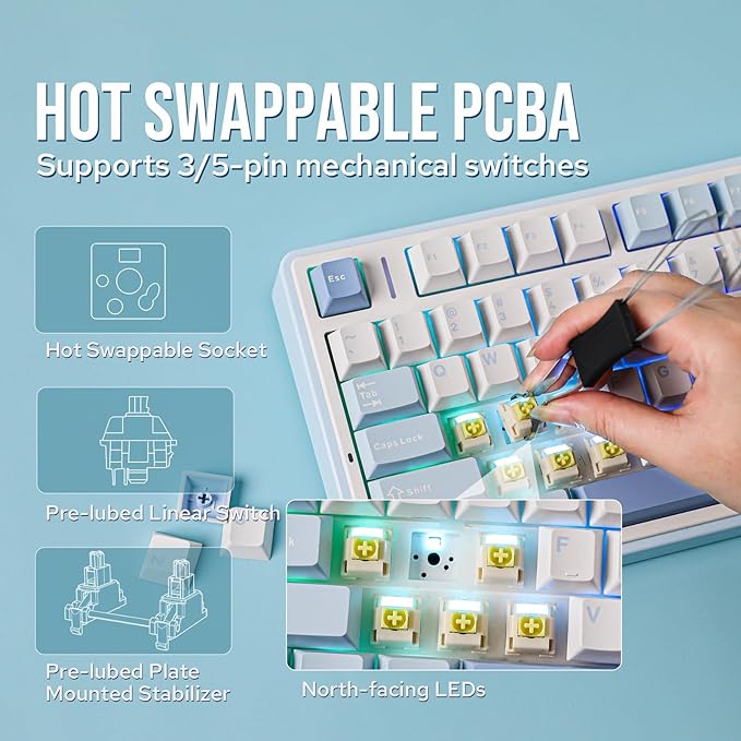 EPOMAKER x Aula F75 Gasket Mechanical Keyboard, 75% Wireless Hot Swappable Gaming Keyboard with Five-Layer Padding&Knob, Bluetooth/2.4GHz/USB-C, RGB (Sea Salt Blue, LEOBOG Reaper Switch)