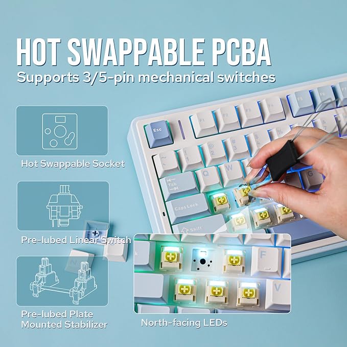 EPOMAKER x Aula F75 Gasket Mechanical Keyboard, 75% Wireless Hot Swappable Gaming Keyboard with Five-Layer Padding&Knob, Bluetooth/2.4GHz/USB-C, RGB (Sea Salt Blue, Ice Vein Switch)
