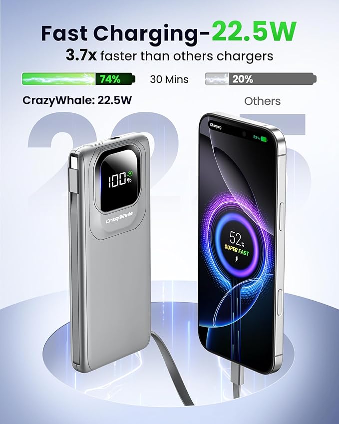 Portable Charger Power Bank with Built-in Type C Cables, 22.5W Fast Charging 10000mAh Phone Charger, Travel Battery Pack Slim Battery Bank with Smart LED Display for iPhone, Android & USB-C Devices