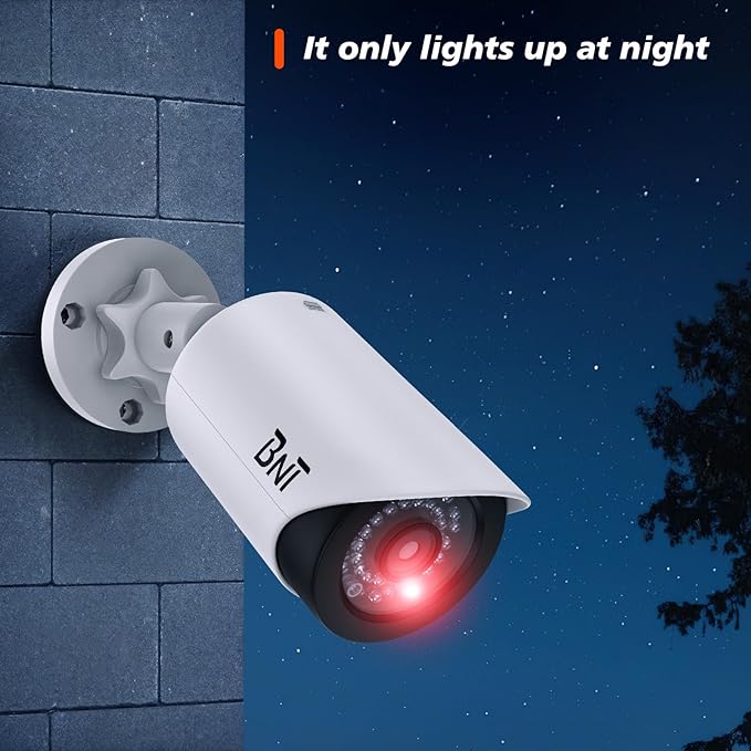 BNT Dummy Fake Security Camera, with One Red LED Light at Night, for Home and Businesses Security Indoor/Outdoor (4 Pack, White)