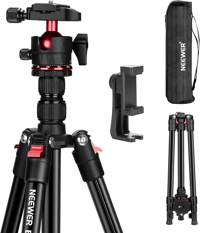 NEEWER Basics Travel Tripod for Camera, 72" Compact Lightweight Portable DSLR Stand, Ball Head, Arca Type QR Plate, Cell Phone Holder Compatible with iPhone Video Recording, Max Load 13.2 lbs, TP14