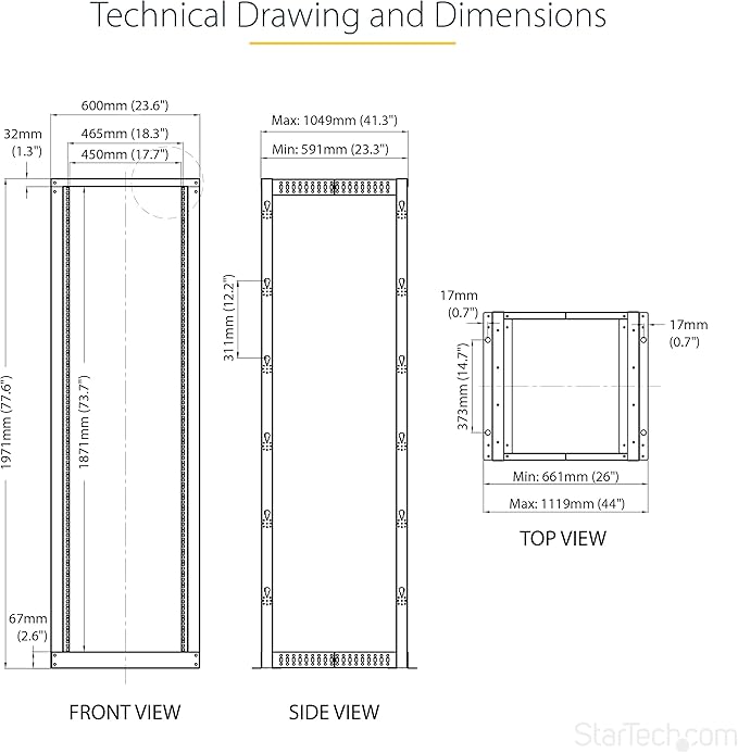 StarTech.com 4-Post 42U Mobile Open Frame Server Rack, 19in Network Rack with Wheels, Rolling Rack for Computer/AV/Data/IT Equipment - Casters, Leveling Feet or Floor Mounting (4POSTRACK42)