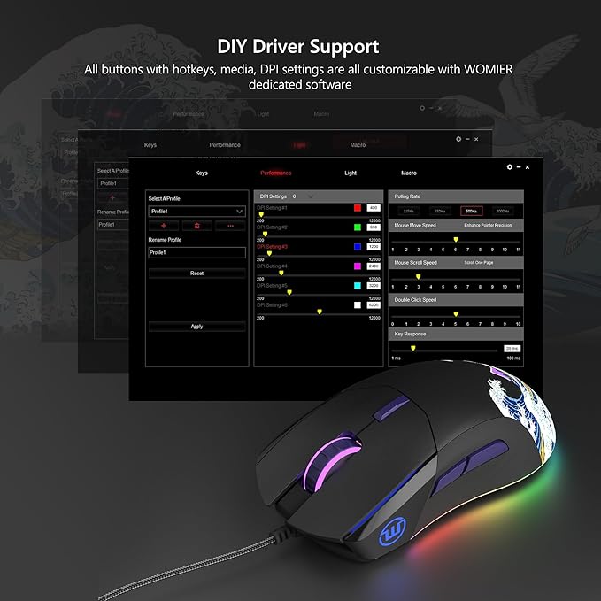 Womier Wired Gaming Mouse,Black RGB Anime Mouse w/Ergonomic Computer 12000DPI/6 Programmable Buttons Programmable Buttons for Laptop PC Mac Windows-G705 V2 Kanagawa