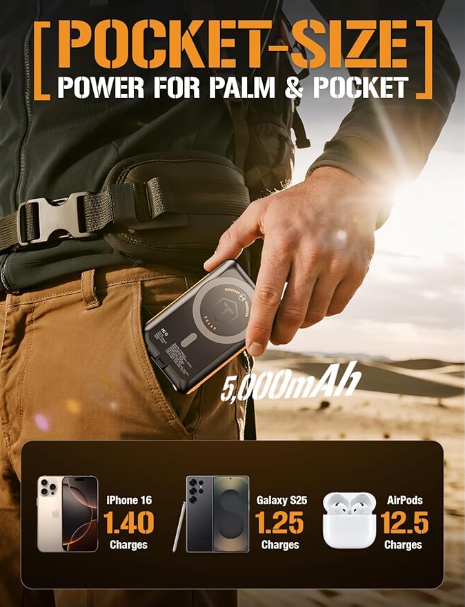 ToughTested ROC 5 Solar Power Bank 5000mAh, MagSafe Compatible Wireless Charger for iPhone 17/16/15/14/13, QC3.0 USB-C PD20W, IP54 Rugged Outdoor Battery with 5-Year Warranty for Travel, Camping