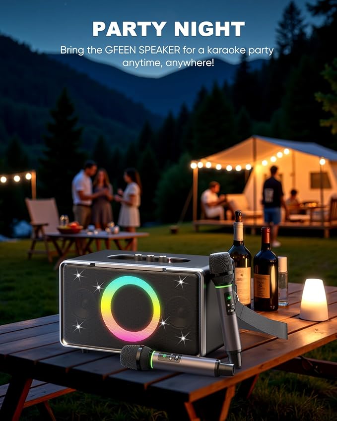 GFEEN Portable Bluetooth Speaker: 200W Peak, Deep Bass, 15H Playtime, Large Party Wireless Speakers, Powerful Loud Sound, Light Show, Fast Charging for Outdoor, Backyard, Home(Silver with 2Mic)