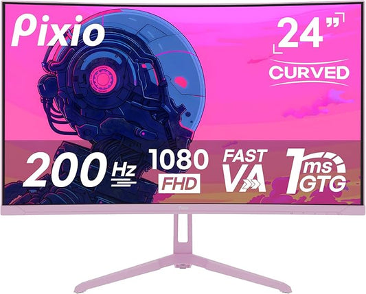 Pixio PXC248 Wave Pink 24 inch 200Hz Refresh Rate FHD 1080p Resolution 1500R Curve Fast VA Panel 1ms GTG Response Time Adaptive Sync HDR Curved Gaming Monitor