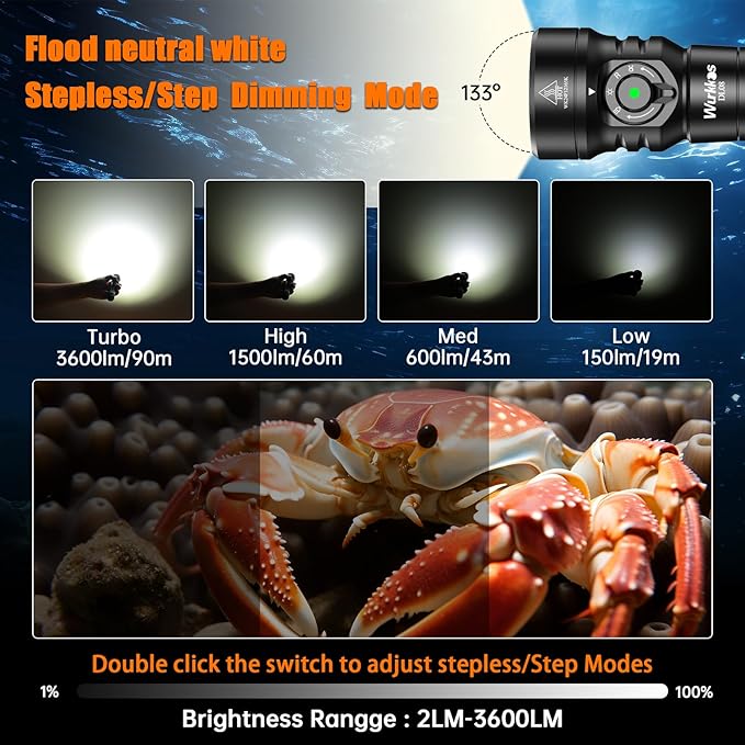 Wurkkos DL08 Dive Light, 3600 Lumens Rechargeable Scuba Underwater Lights with Red and UV Light, IP68 Underwater Video with Infinite Brightness Adjustment and 5000mAh Battery for Night Diving