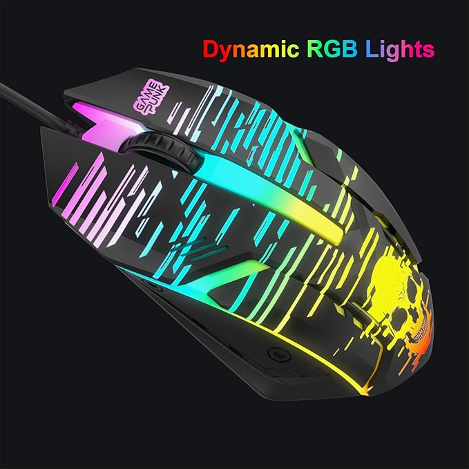 GAME PUNK Wired Gaming Mouse, Ergonomic RGB Mouse with Colorful Lights, Plug-and-Play Design, Tangle-Free Cable, Textured Scroll Wheel, USB-A Tip, Compatible with PS5, Xbox Series X/S, PC, and Laptop