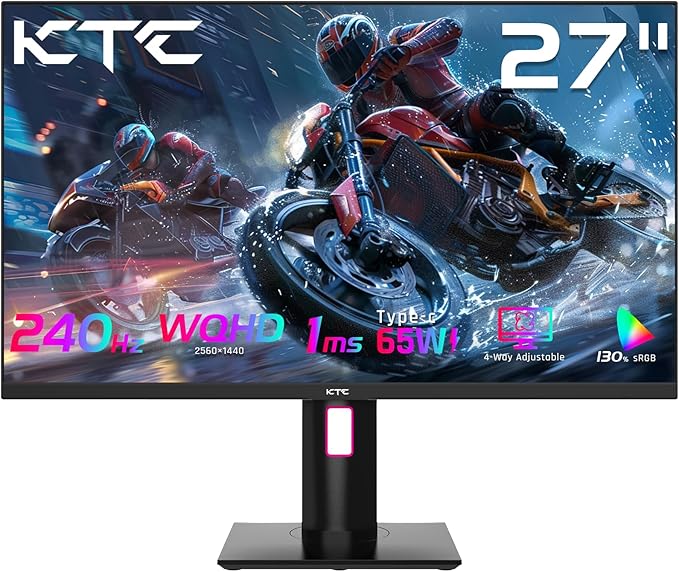 KTC 27'' 240Hz QHD 1440P Gaming Monitor 144Hz 1ms 65W Type C USB DisplayPort HDMI HDR400 Tilt/Height/Pivot/Swivel Fast HVA AdaptiveSync VESA